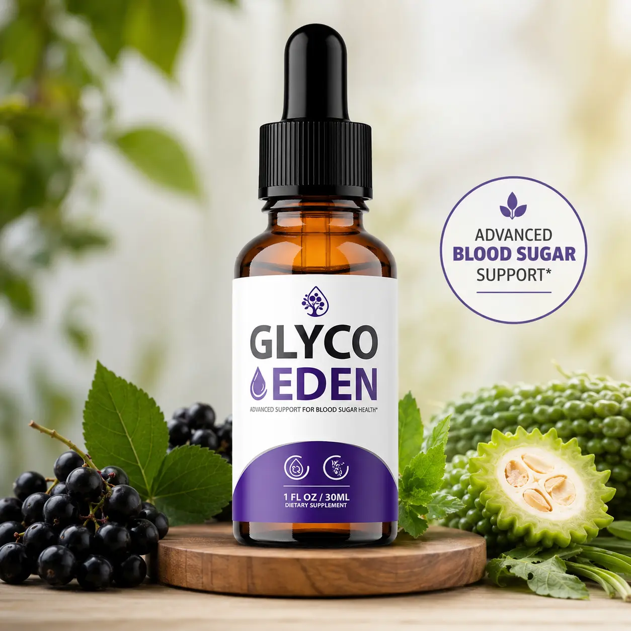 Glyco Eden liquid dietary supplement bottle displayed with botanical ingredients